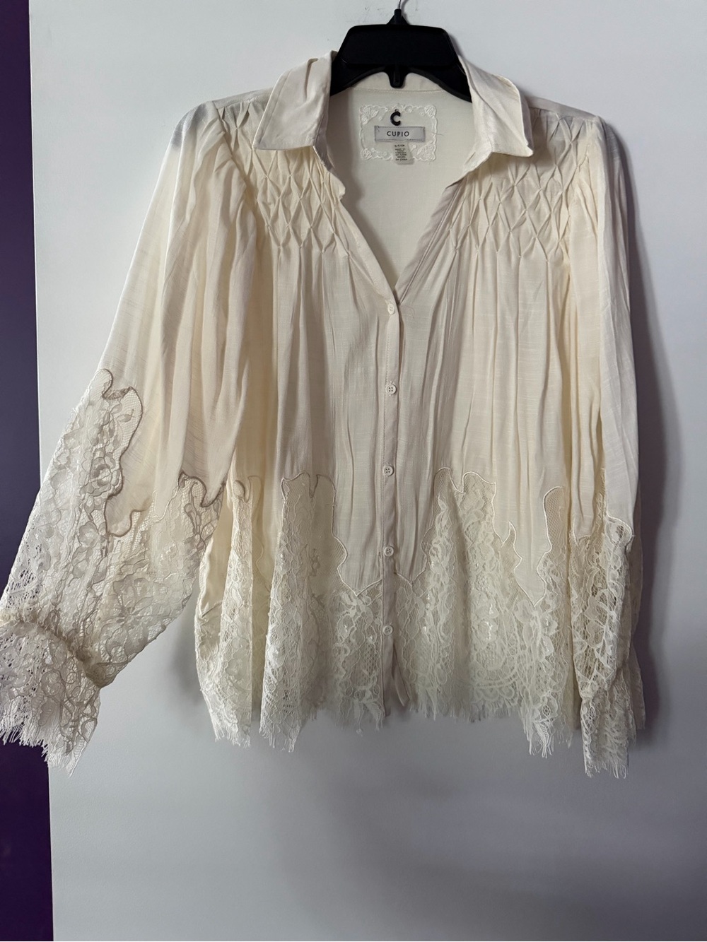 Cupio Cream Lace-Trim Button Front Blouse